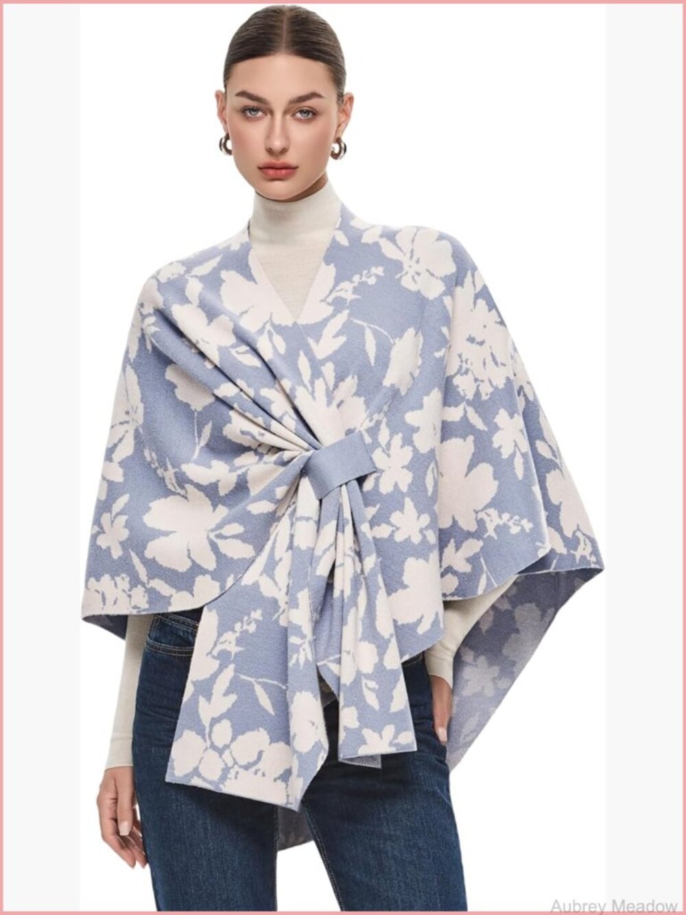 Elegant Open Front Poncho Sweater Shawl Wrap One Size Floral Pattern
